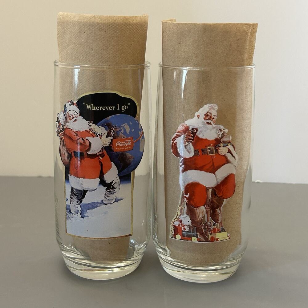 Coca Cola Santa Claus Drinking Glasses Tumbler Haddon Sundblom 6” Set of 2 VTG